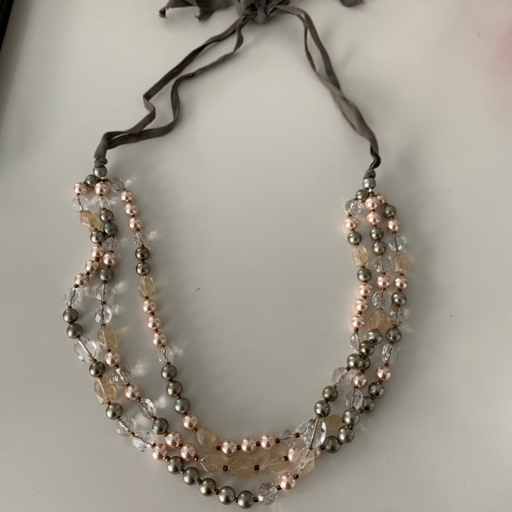 Ann Taylor ribbon tie champagne beaded necklace